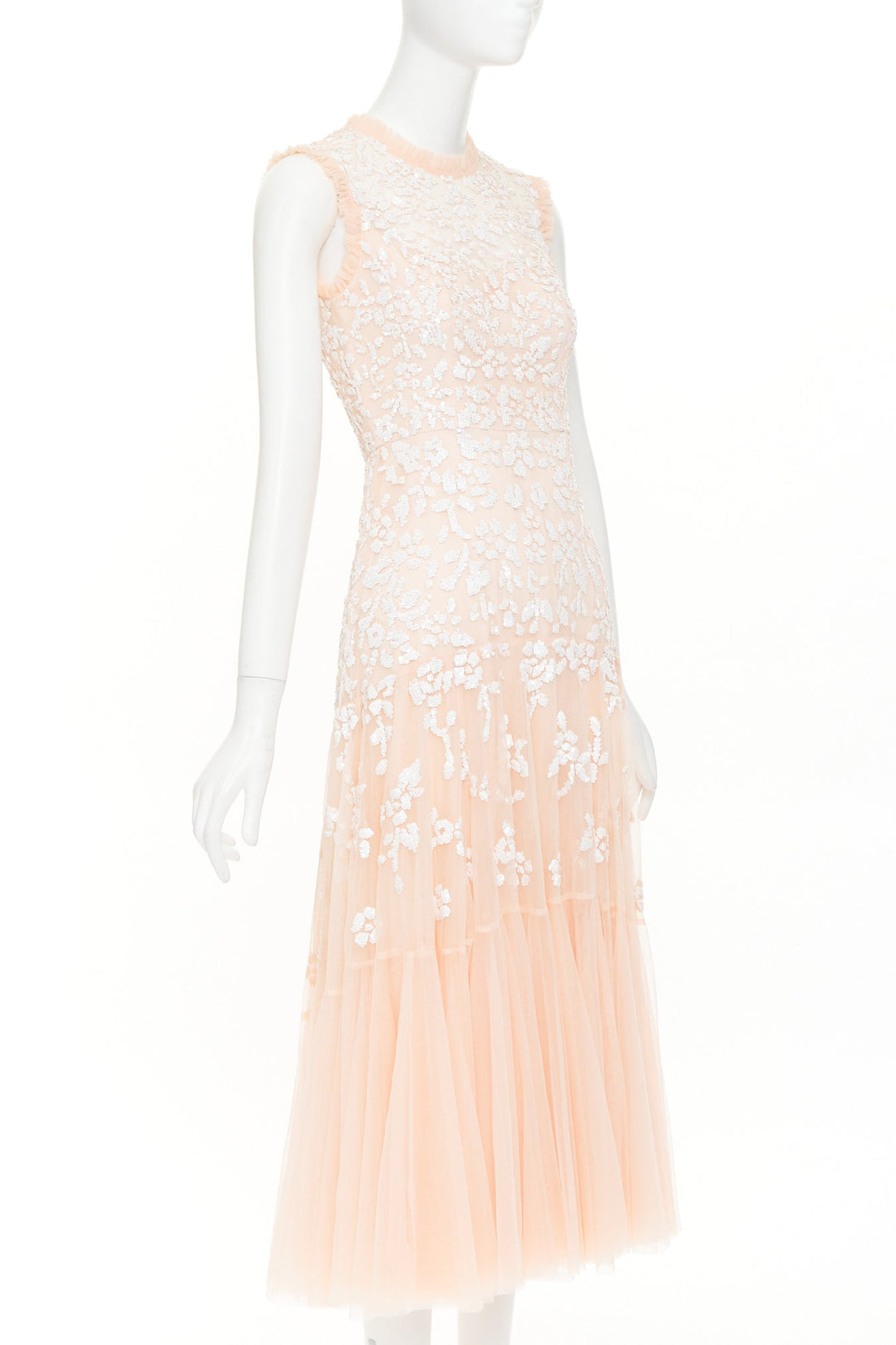 NEEDLE & THREAD Bridal blush pink white sequin ruffle edge midi dress UK8 S