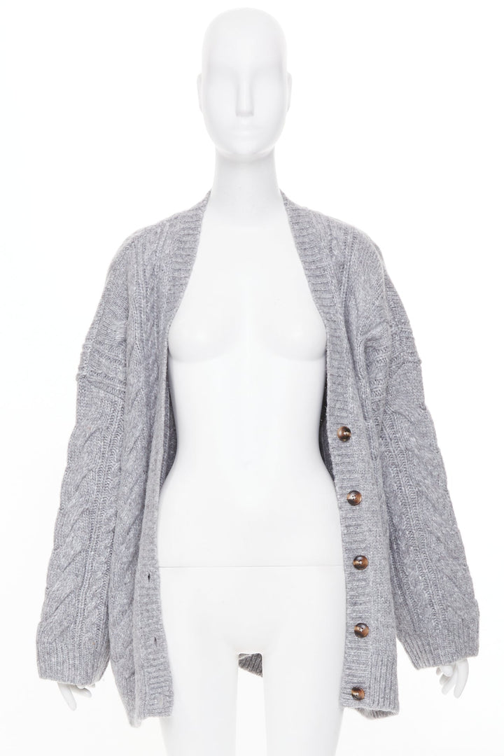 HELSA Serena grey oversized cable knit melange horn button chunky cardigan XS