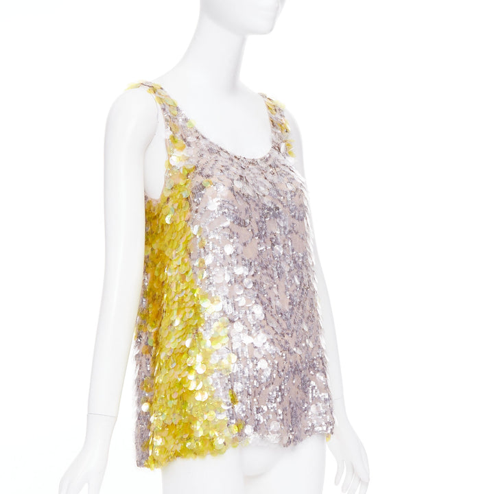 VALENTINO yellow poudre silver giallo sequined pailettes silk vest IT40 S