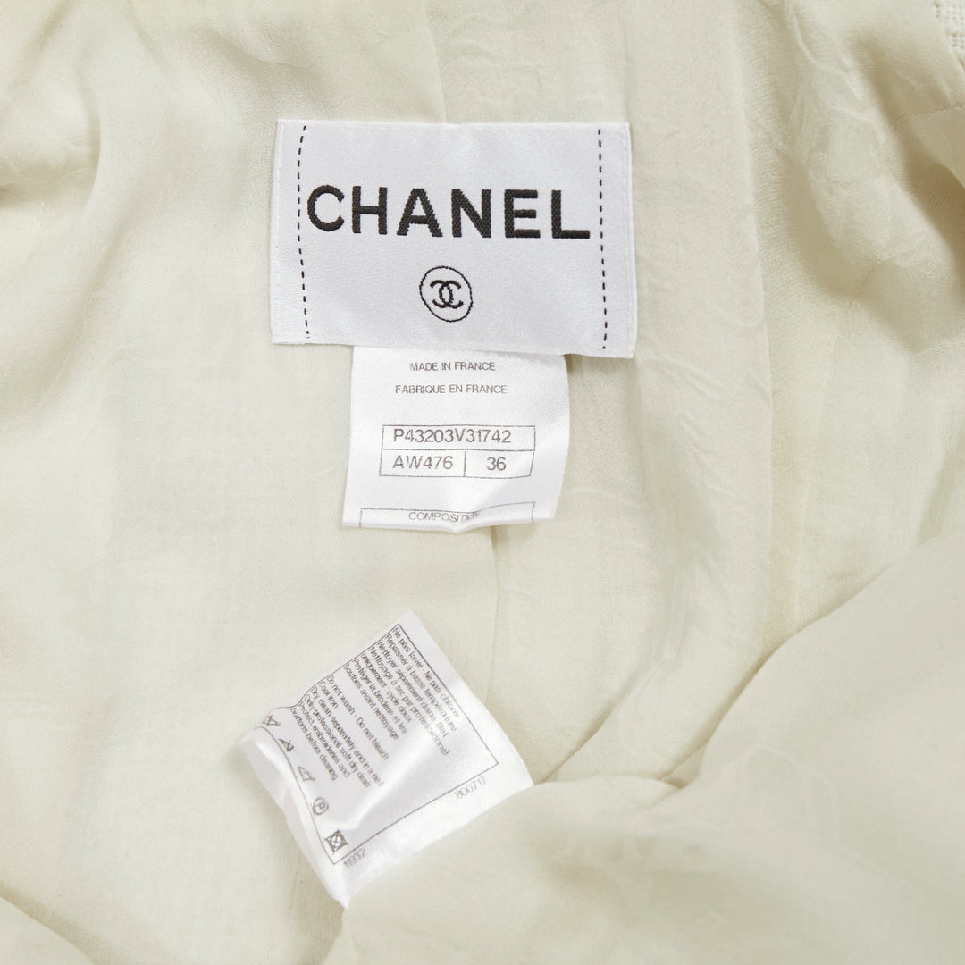 CHANEL white cotton tweed CC embroidery pocket cropped schoolboy jacket FR36 S