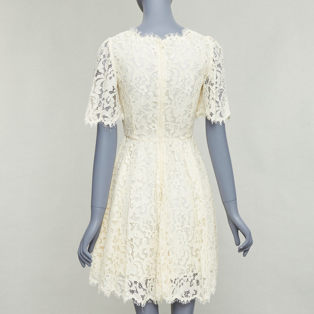 DOLCE GABBANA cream floral lace short sleeve silk lined dress IT40 S