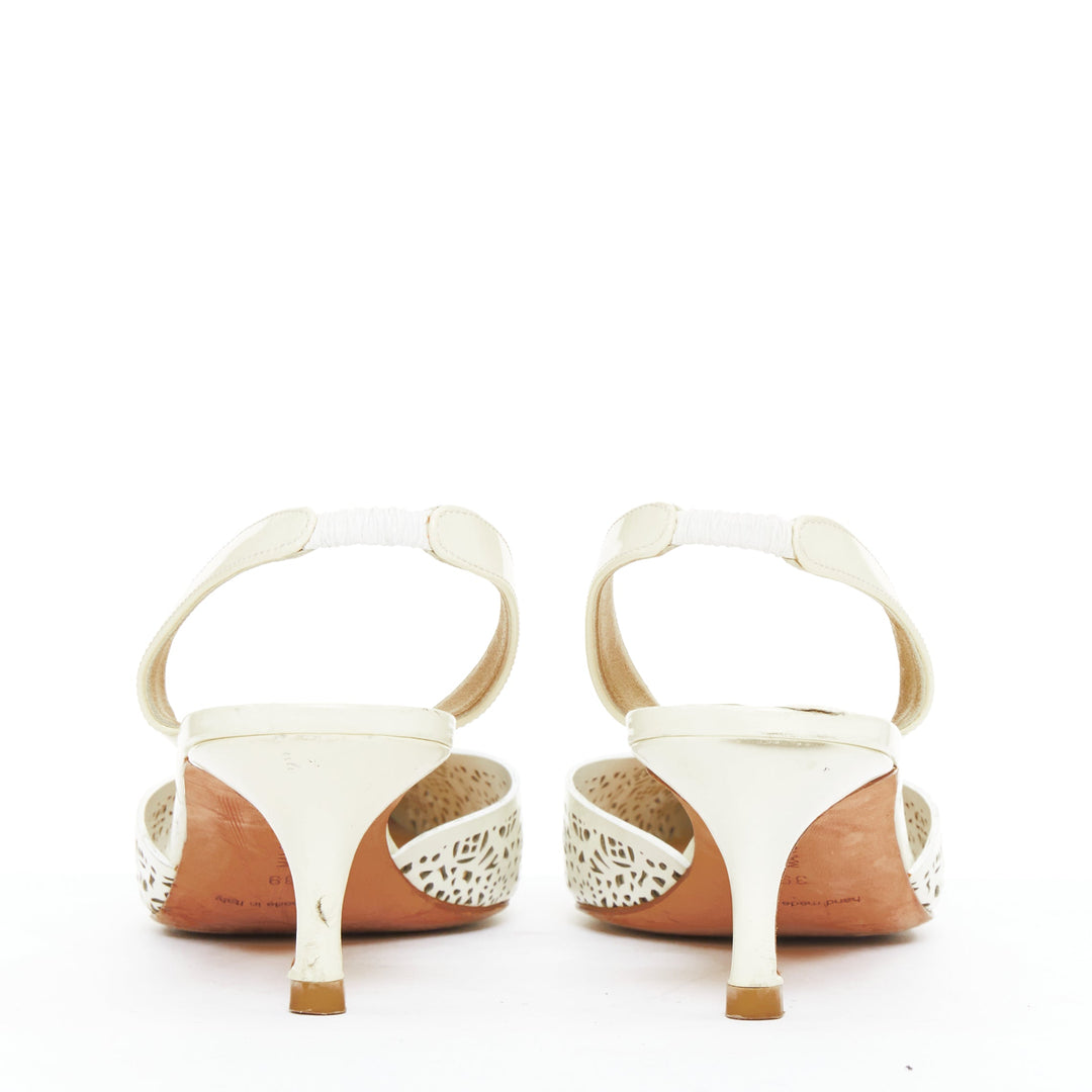 MANOLO BLAHNIK BB70 cream patent leather laser cut slingback kitten pump EU39