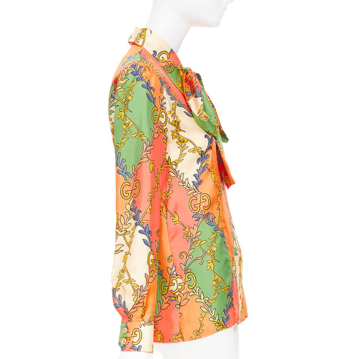 GUCCI 2021 Fluo Barocco orange green  GG Rhombus Ramage silk blouse IT38 XS
