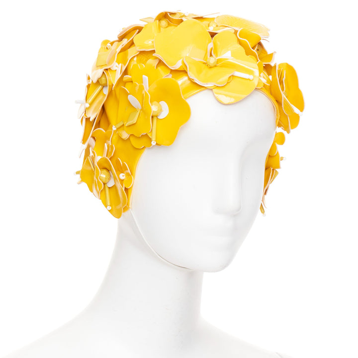 MIU MIU 2017 Runway yellow patent leather petals beaded retro swim cap hat S