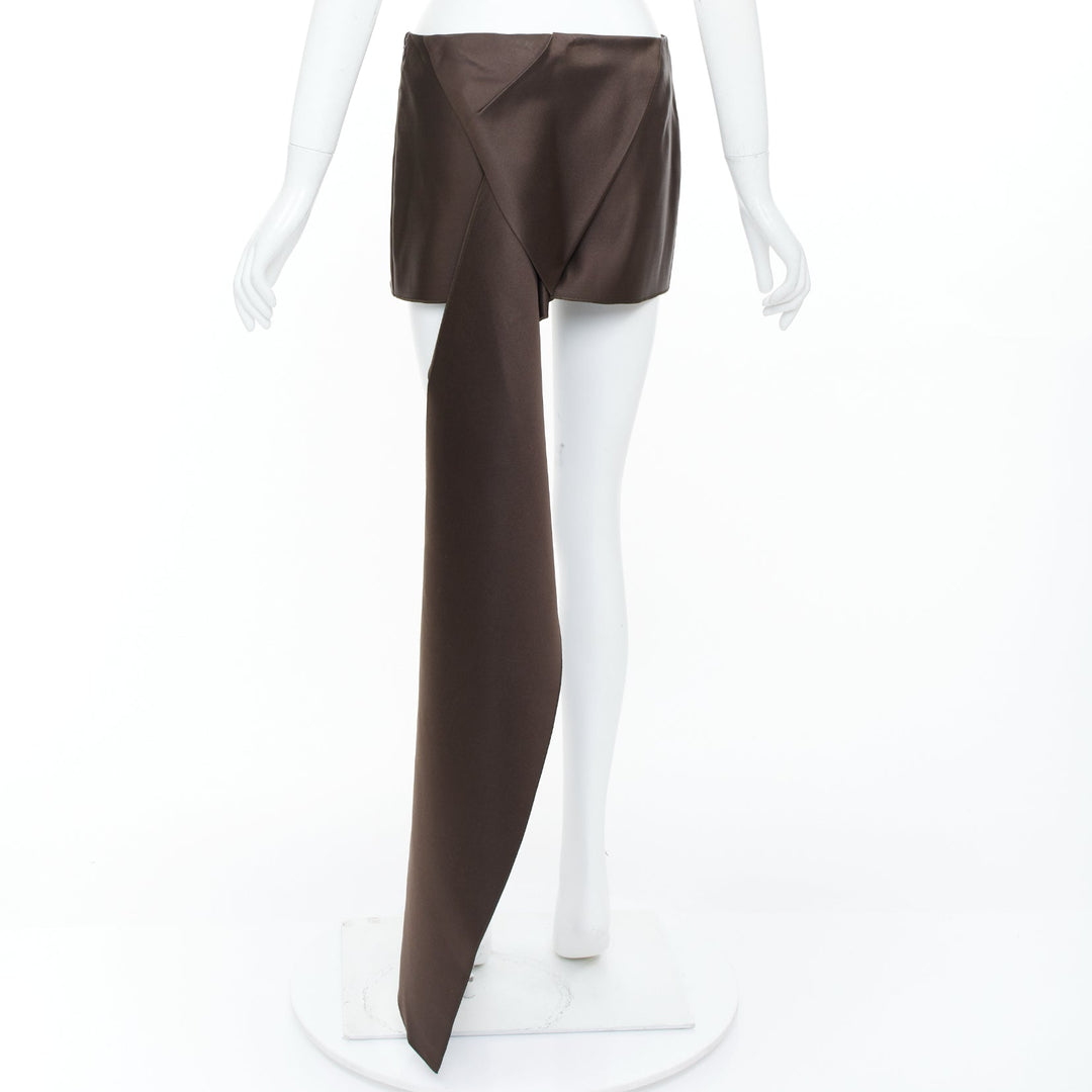 PRADA 2022 Runway brown silk satin origami trail train mini skirt IT40 S