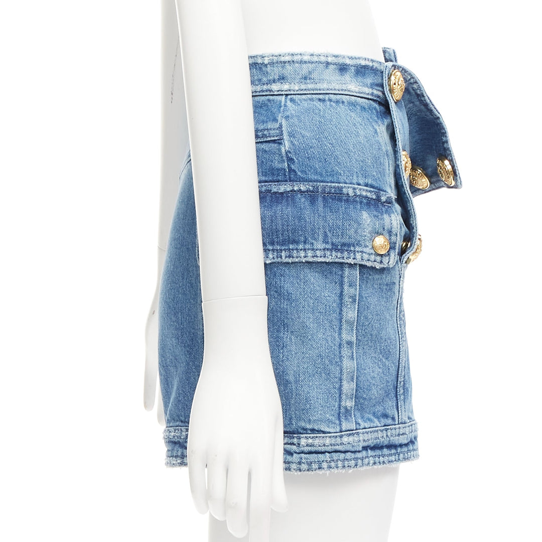 BALMAIN blue distressed denim gold buttons high waisted cargo shorts FR34 XS