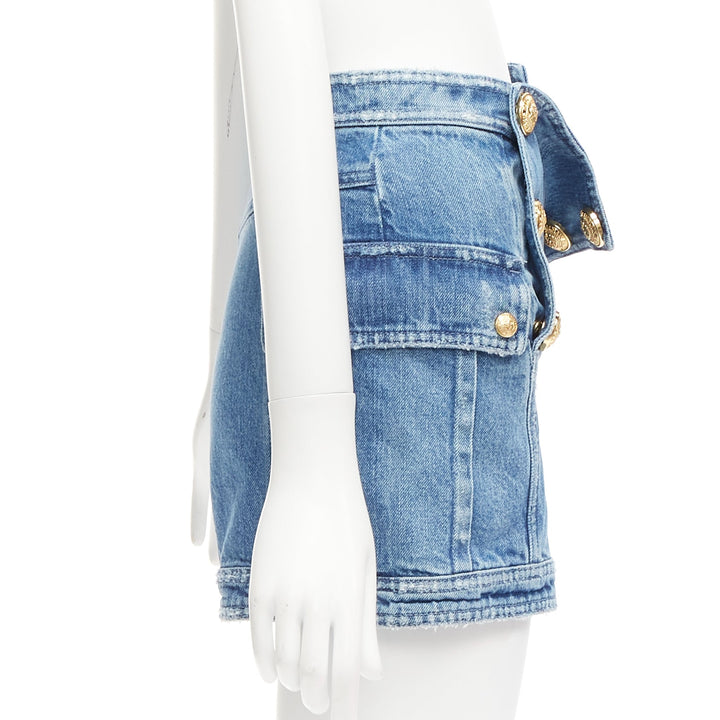 BALMAIN blue distressed denim gold buttons high waisted cargo shorts FR34 XS