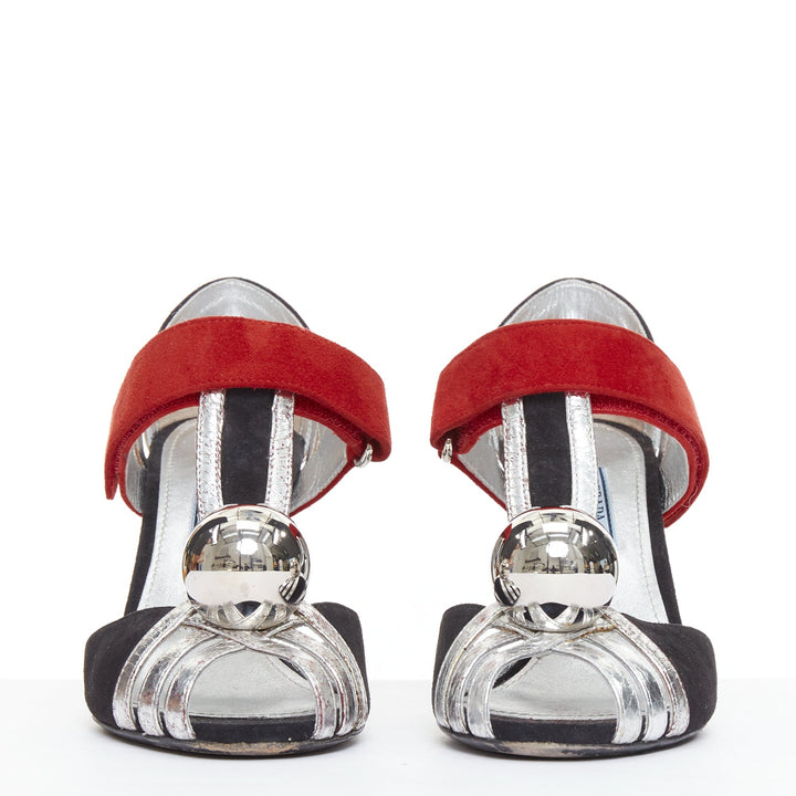PRADA 2016 Runway mirrored dome ball red black mixed architectural heels EU37.5