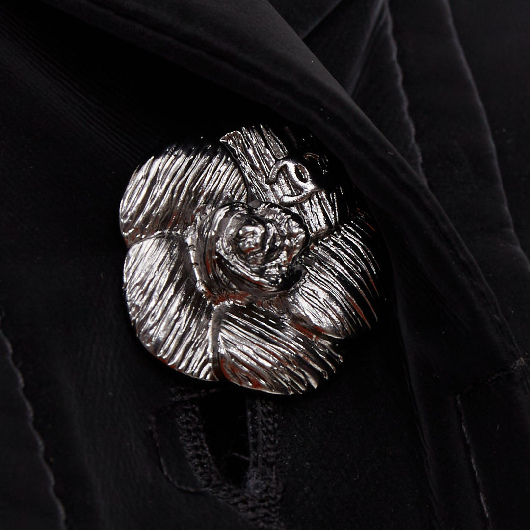 CHANEL 23K Runway black Camellia button cape overlay fluid parka coat FR38 M