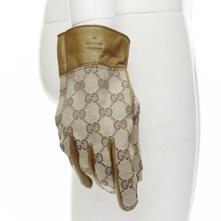 GUCCI GG monogram canvas brown leather trim cashmere lined glove Size 7