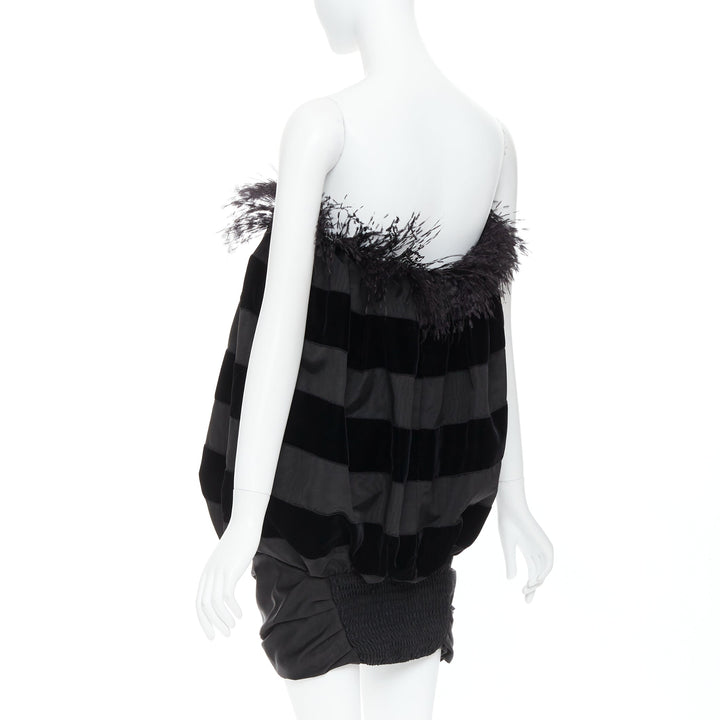 rare SAINT LAURENT 2021 Runway black feather velvet striped Le Pouf dress FR36 S