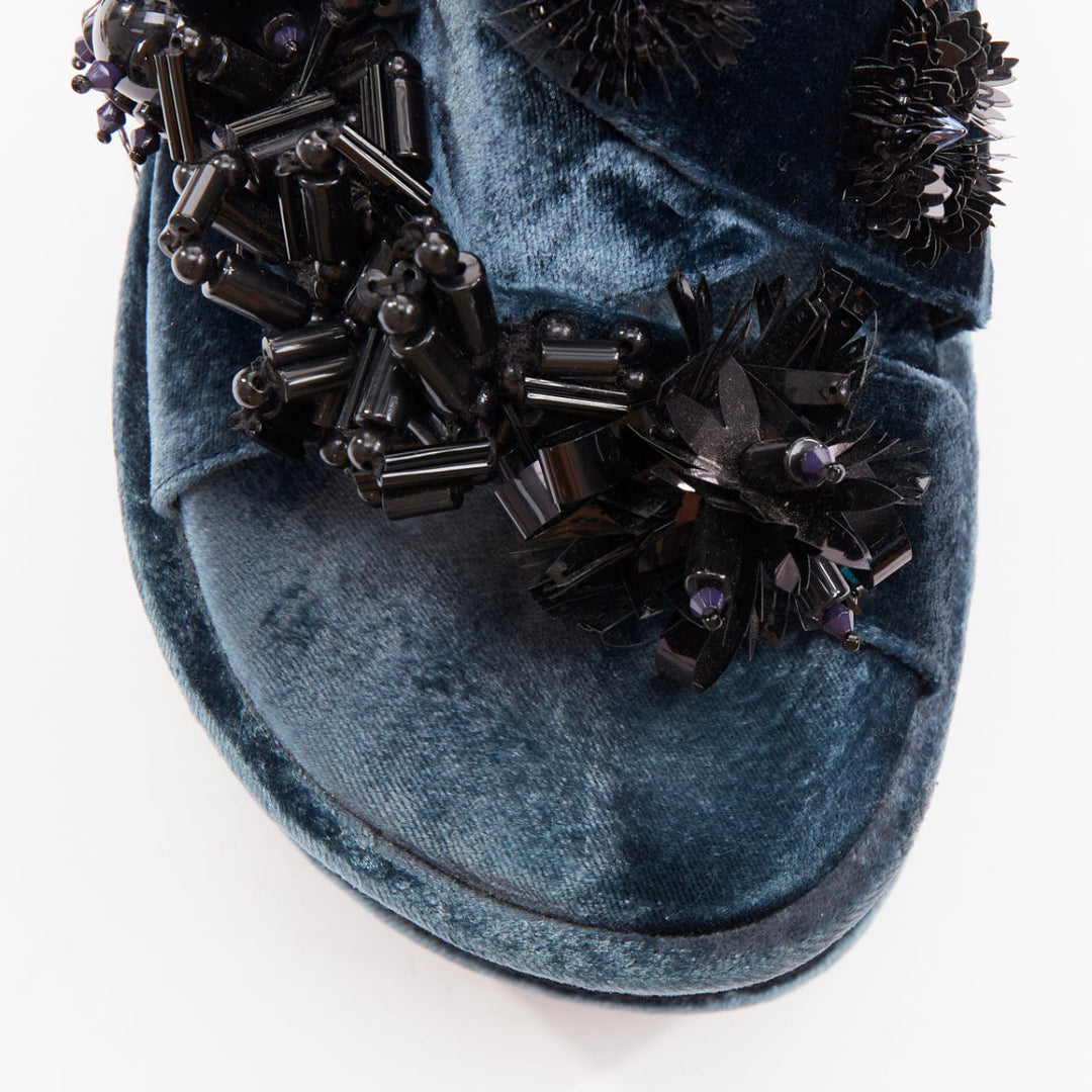 BIYAN blue velvet black beads sequin embellished platform wedges shoes EU39