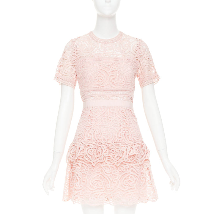 SELF PORTRAIT 2022 Abstract Guipure pink embellished lace sheer dress UK8 S