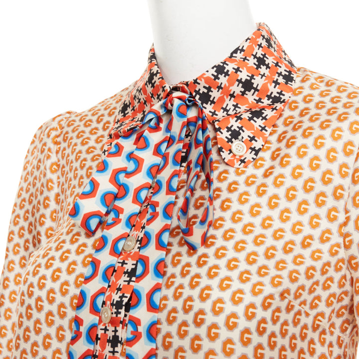 GUCCI Romain GG mixed print geometric pussy bow silk twill shirt blouse IT36 XXS