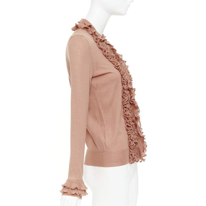 YVES SAINT LAURENT Rive Gauche beige wool ruffle tier cuff knit cardigan XS