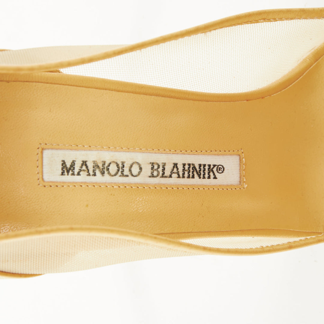 MANOLO BLAHNIK Belta sheer mesh nude beige leather cap toe stiletto pumps EU37.5