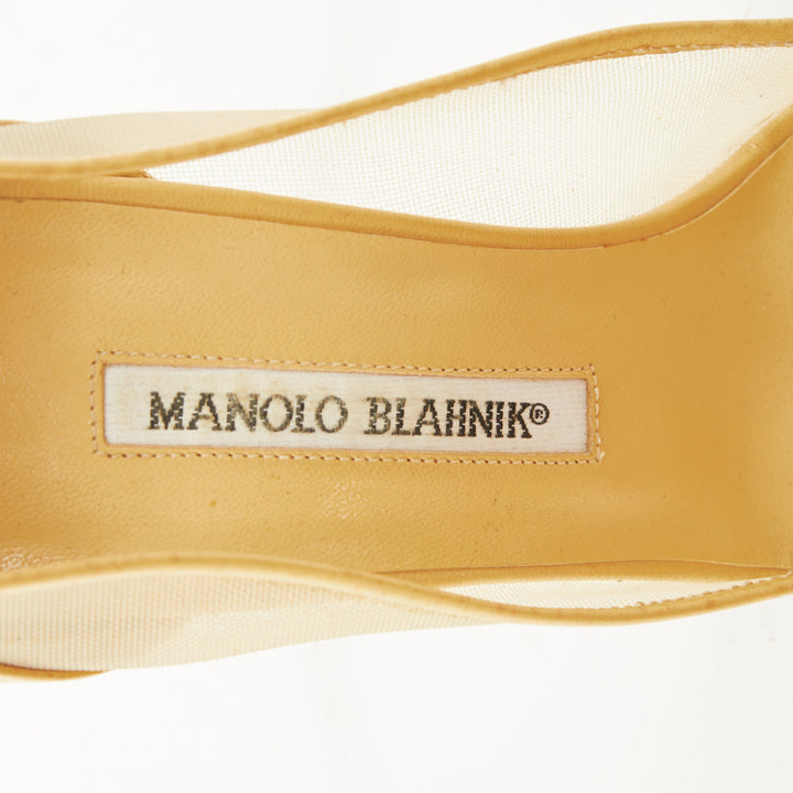MANOLO BLAHNIK Belta sheer mesh nude beige leather cap toe stiletto pumps EU37.5