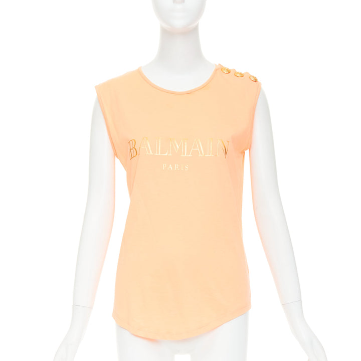 BALMAIN peach pink gold foil logo buttons shoulder sleeveless tshirt FR36 S