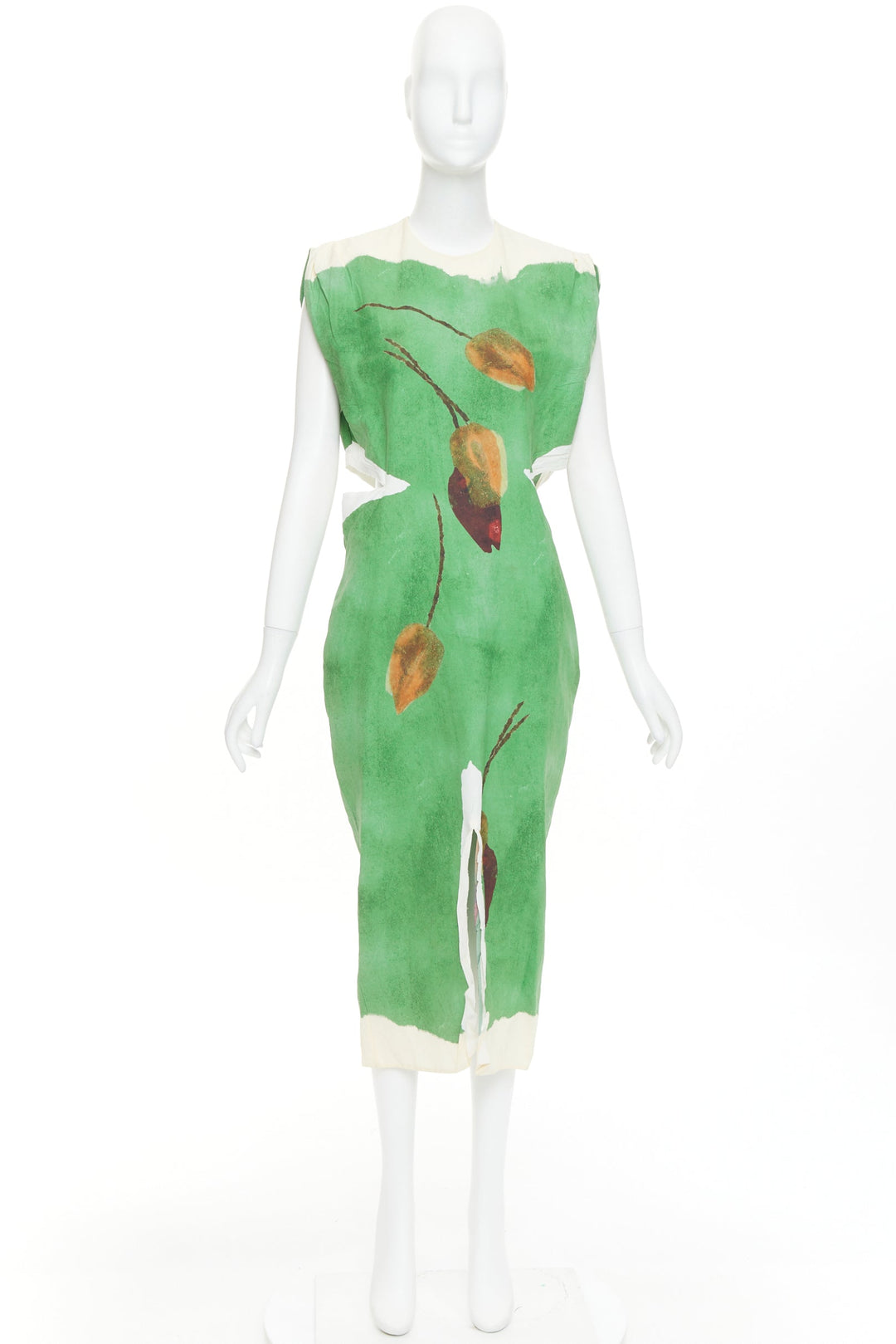 PRADA 2023 Runway green paper blend brown floral print crinkled dress IT38 XS