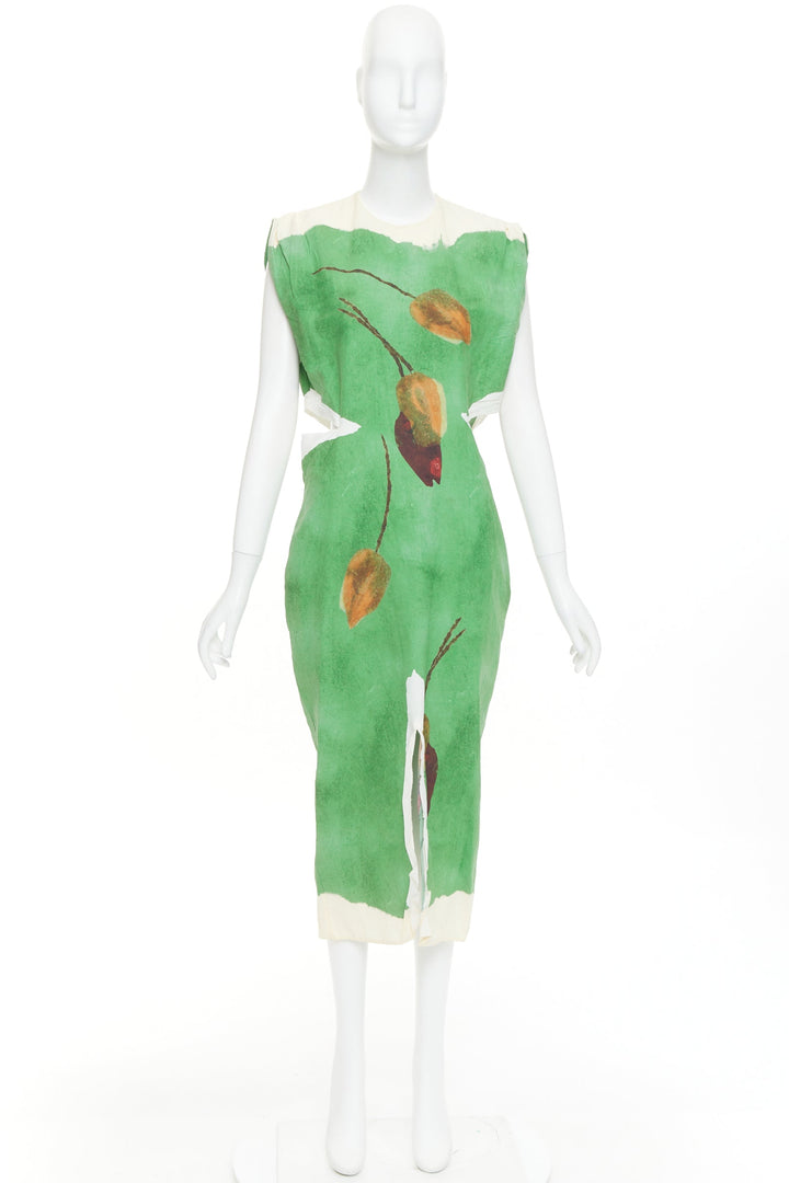 PRADA 2023 Runway green paper blend brown floral print crinkled dress IT38 XS