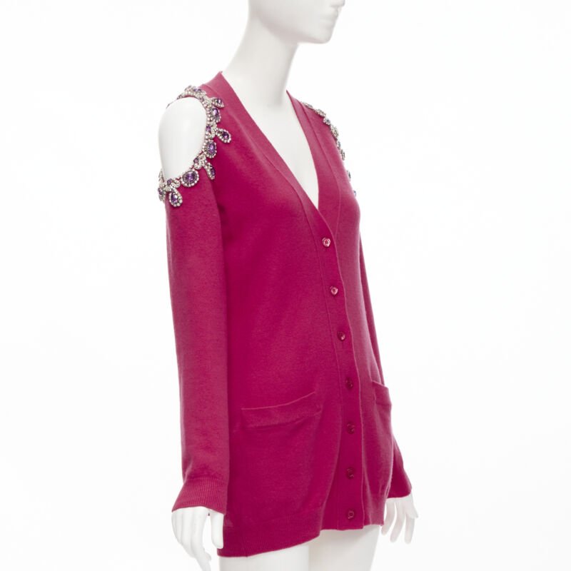 MOSCHINO fuschia pink cashmere crystal jewel cold shoulder cardigan IT38