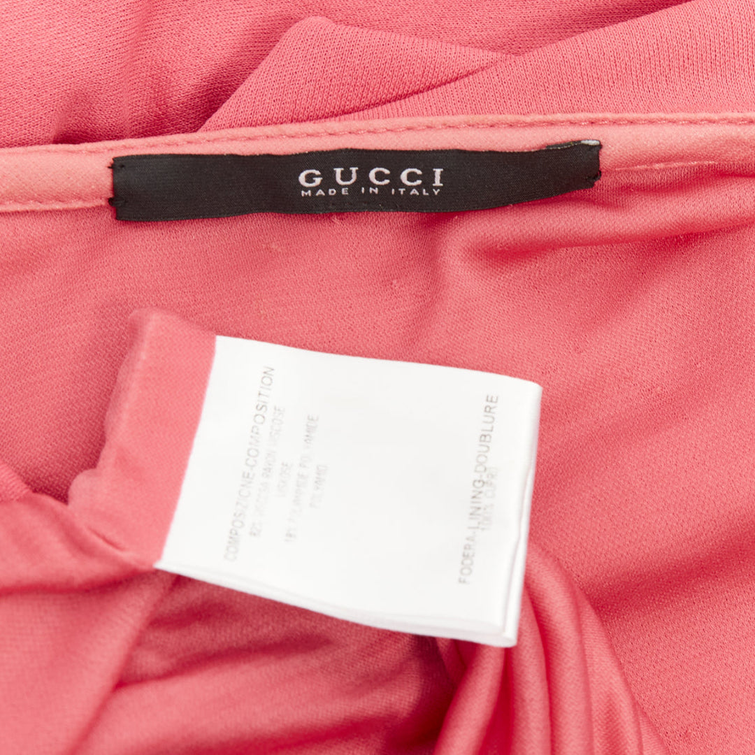 GUCCI 2007 pink viscose gold link buckle asymmetric drape wrapped midi dress M