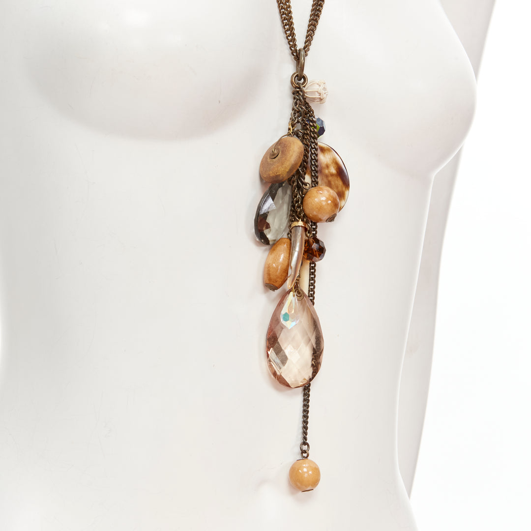 MIMCO brown acrylic wood giant crystal charm copper chain necklace