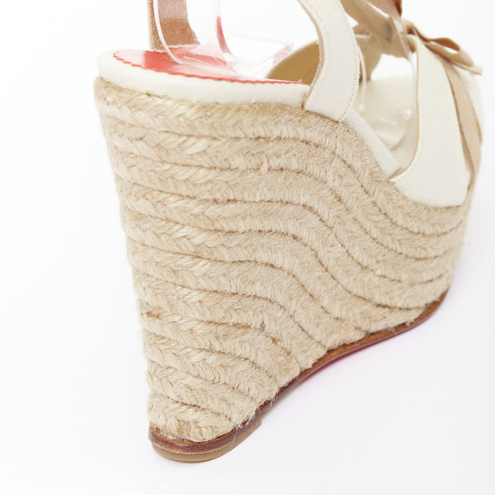 CHRISTIAN LOUBOUTIN Isabelle cream beige canvas jute bow tie wedges EU36