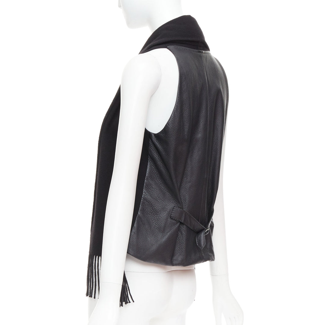 HERMES Gaultier Vintage cashmere black leather back scarf design vest FR38 M