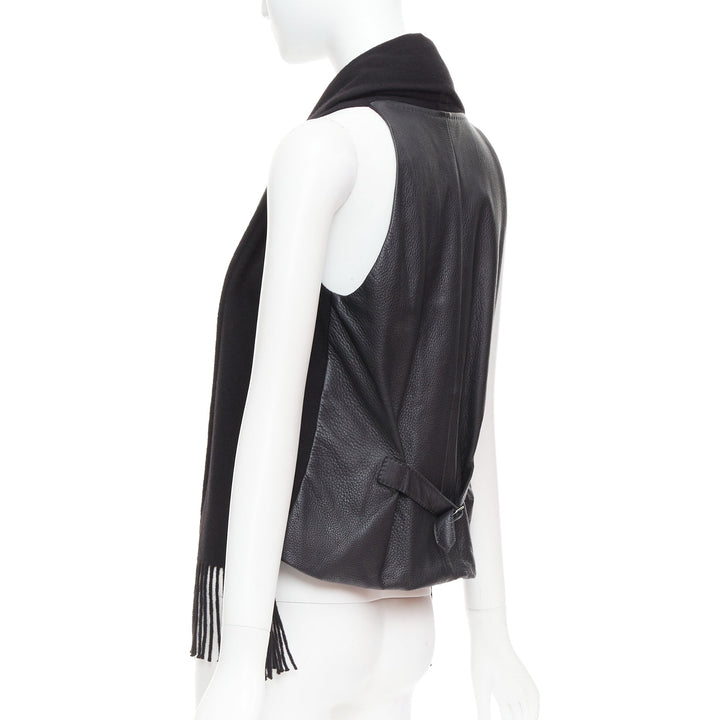 HERMES Gaultier Vintage cashmere black leather back scarf design vest FR38 M