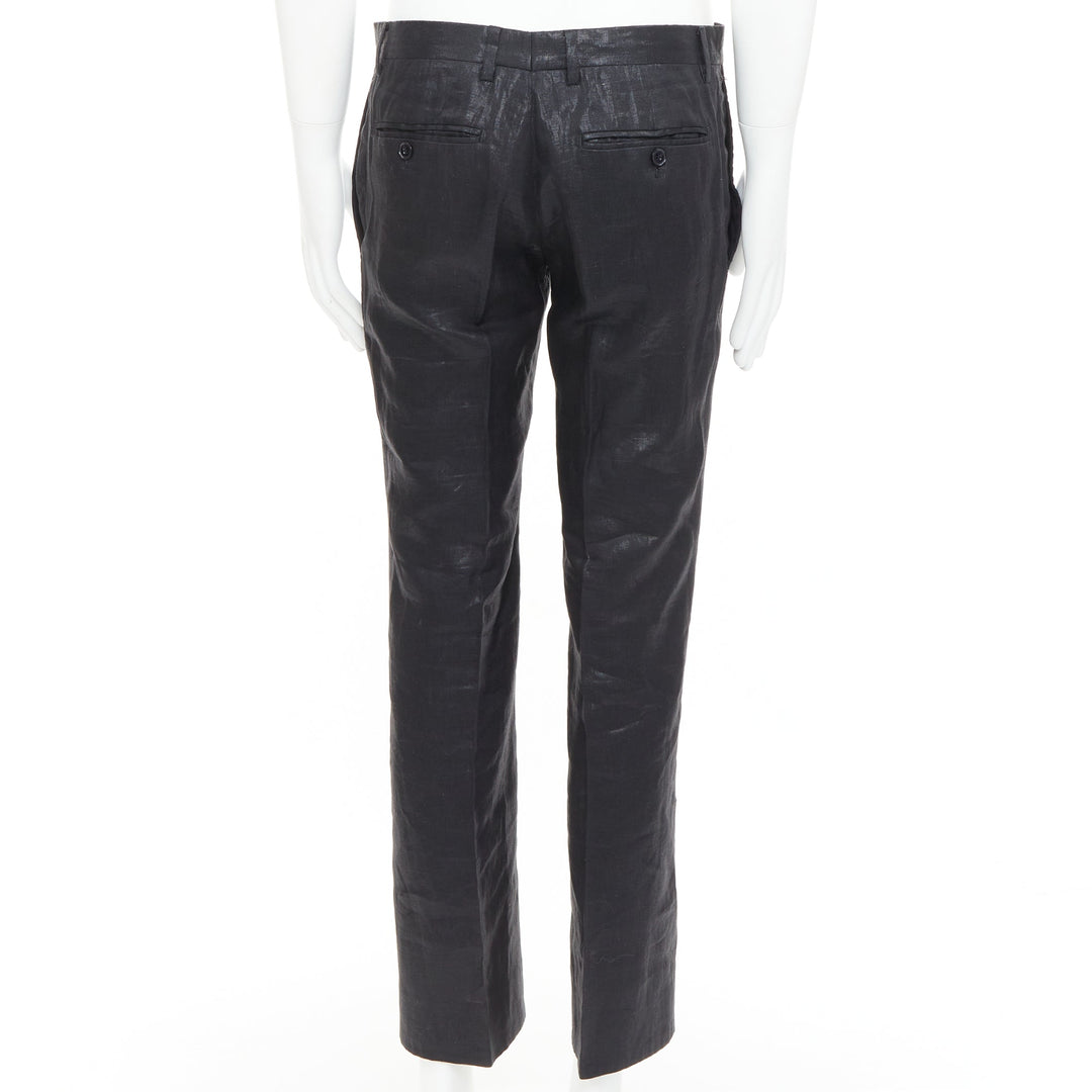 DOLCE GABBANA black linen metallic coated half canvas flap pocket suit IT44 XS