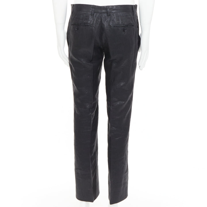 DOLCE GABBANA black linen metallic coated half canvas flap pocket suit IT44 XS