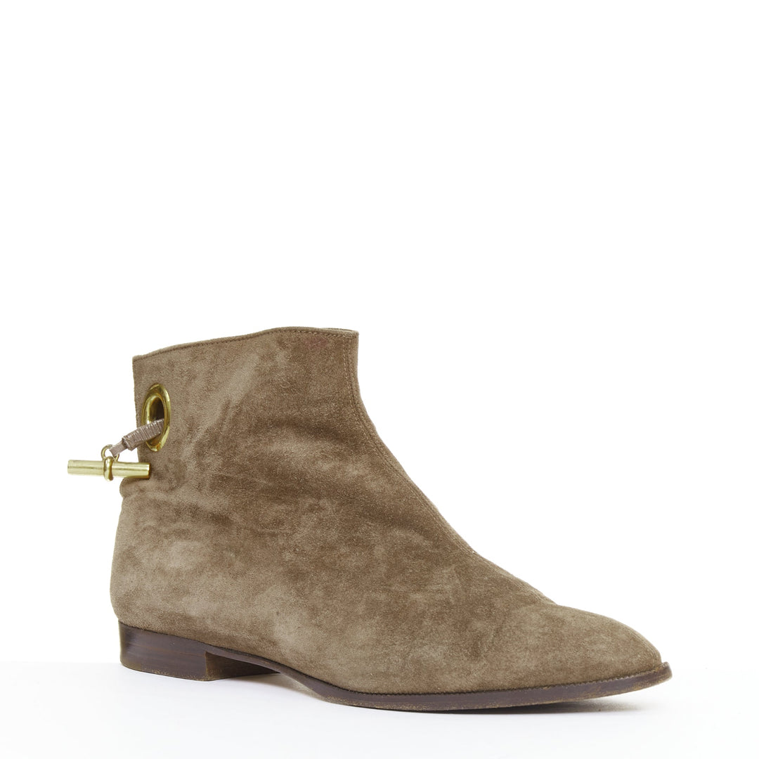 HERMES brown suede gold Kelly toggle hardware point toe ankle boots EU37.5