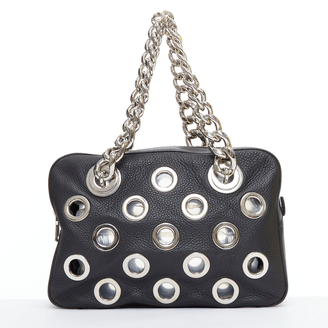 PRADA Vitello Daino Grommet Chain black leather silver cut out shoulder bag