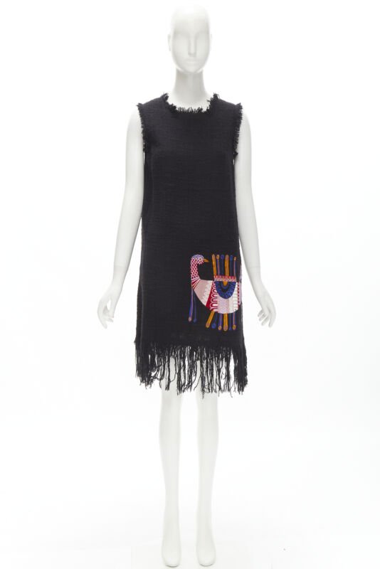 MSGM tweed ethnic bird embroidery fringe hem little black dress IT40 S