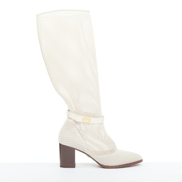 CHRISTIAN DIOR 2020 Empreinte Montaigne 70mm ivory perforated mesh boots EU38.5