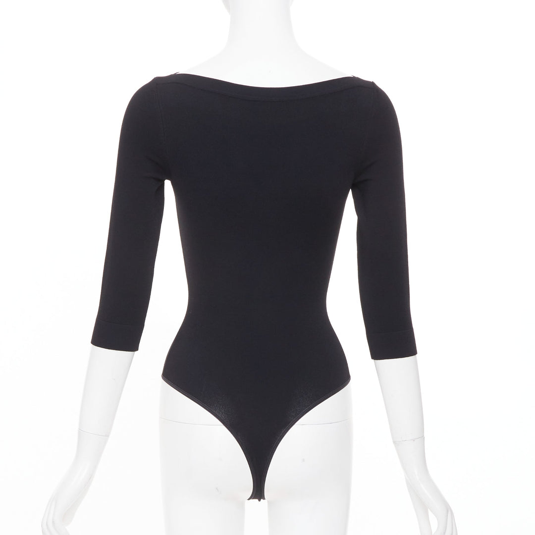 ALAIA black viscose blend three quarter sleeve boatneck knit bodysuit top FR36 S