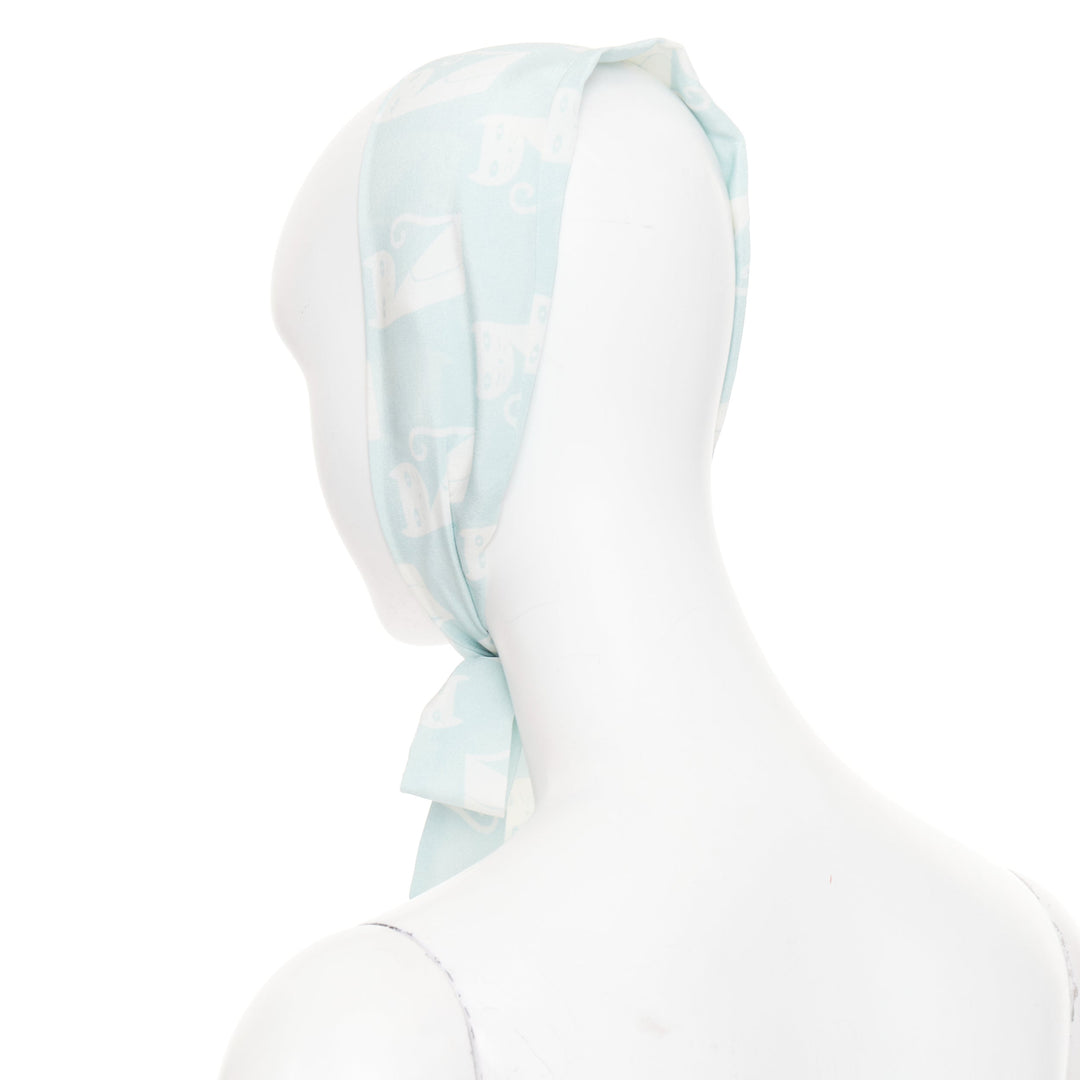 MIU MIU 2020 cartoon cat light blue white silk crepe long headband skinny scarf