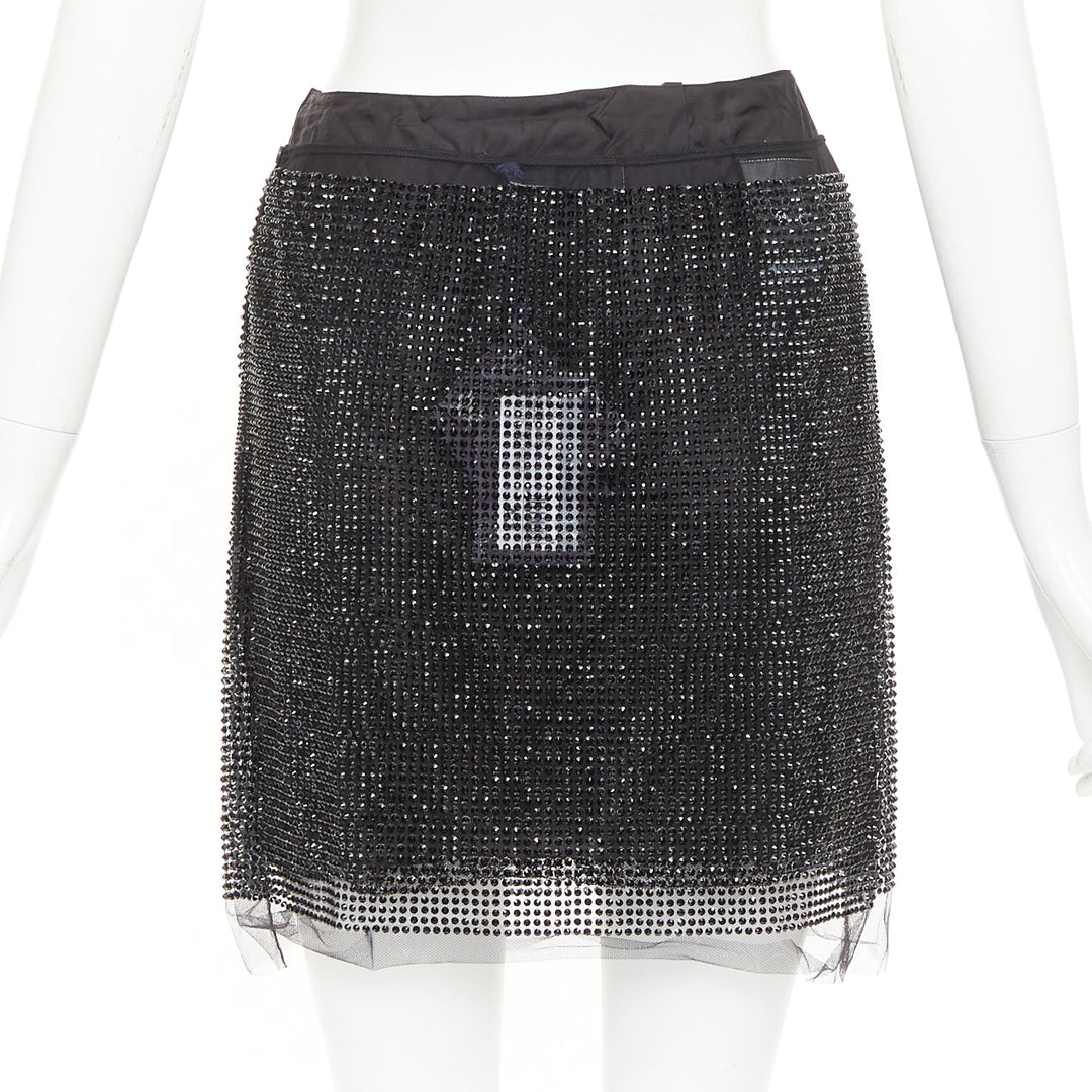 PRADA 2021 black crystal strass embellished cut out lace mini skirt IT38 XS