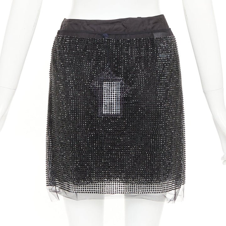 PRADA 2021 black crystal strass embellished cut out lace mini skirt IT38 XS