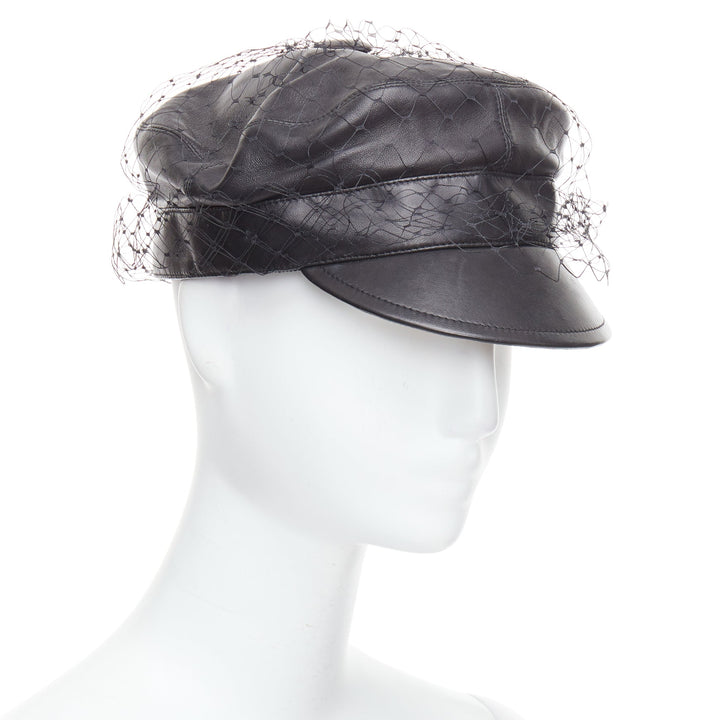 DIOR Arty black soft leather mesh veil CD bee lined newsboy hat