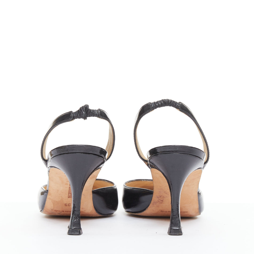MANOLO BLAHNIK black patent pointed toe slingback dorsay heel EU39