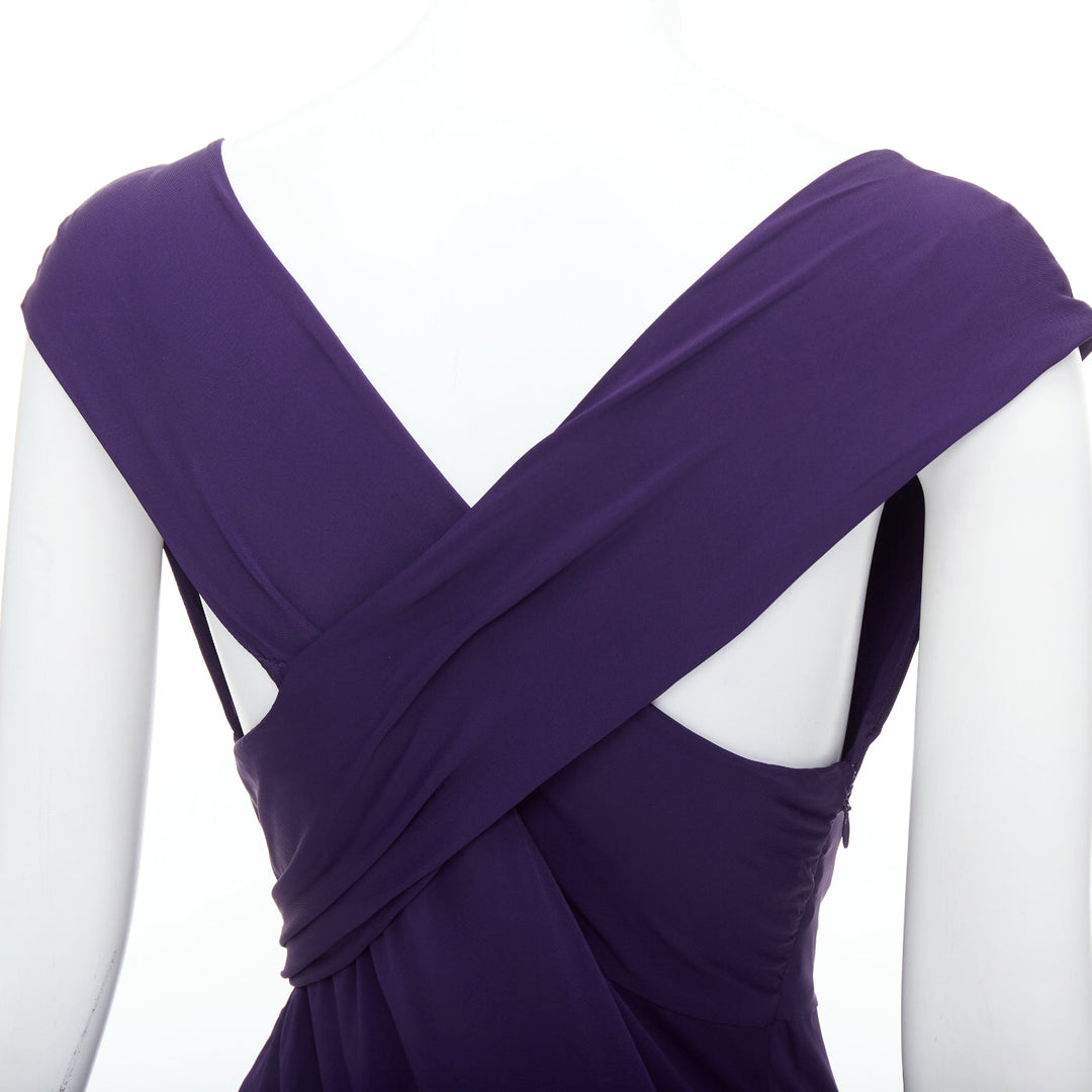 DONNA KARAN purple draped side knot criss cross back grecian dress L