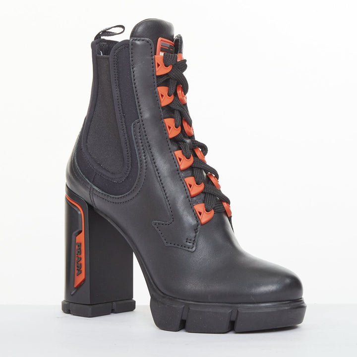 PRADA 2018 Runway black leather neoprene orange accent chunky heel boots EU37