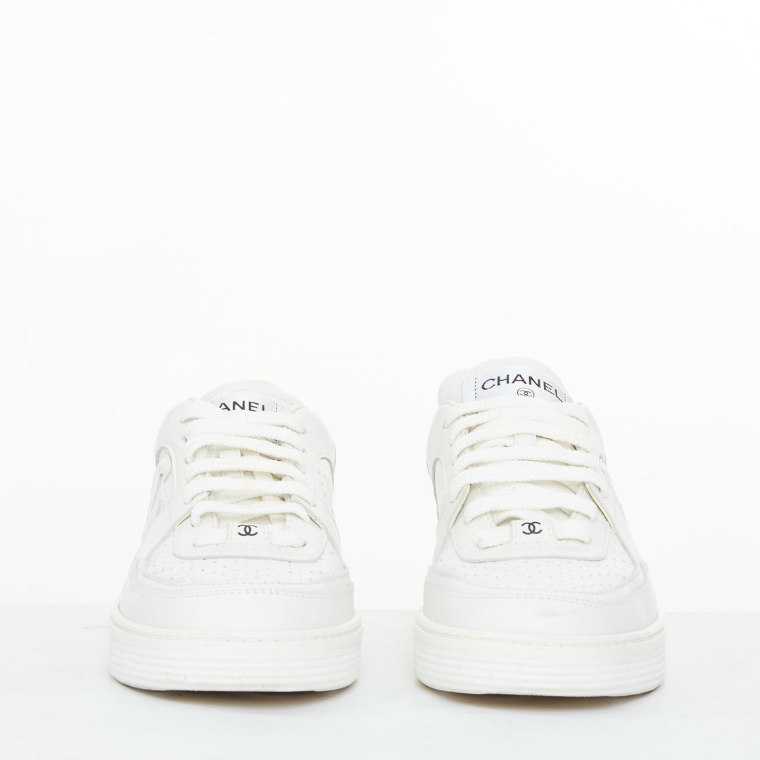 CHANEL 2023 white calfskin perforated CC logo lowtop trainer court sneakers EU38