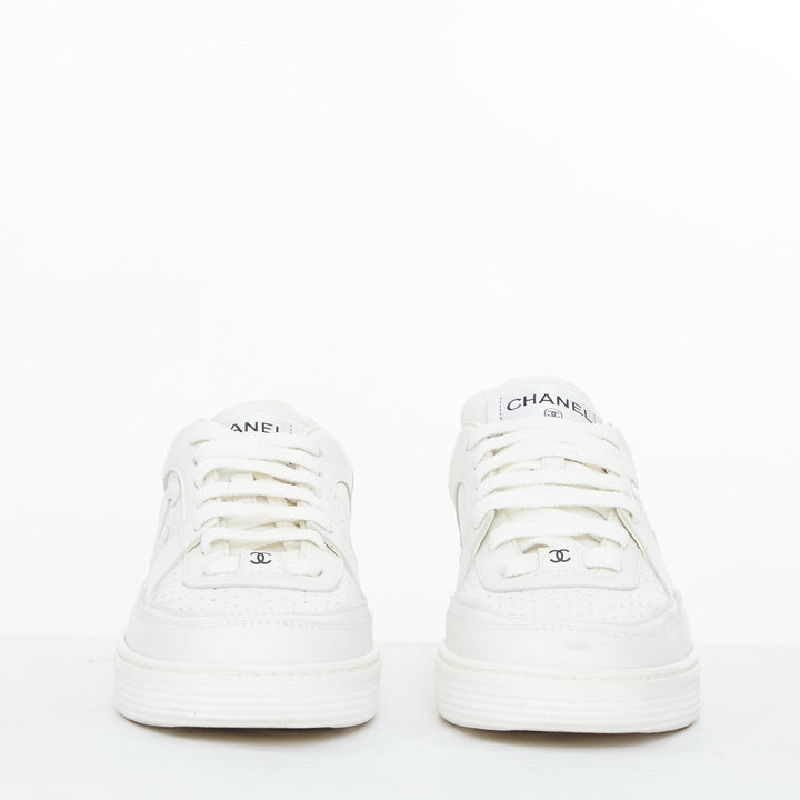 CHANEL 2023 white calfskin perforated CC logo lowtop trainer court sneakers EU38