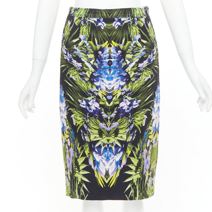 GIVENCHY 2012 symmetric purple green orchid viscose pencil skirt FR38 M