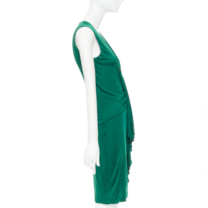 GUCCI 2008 emerald green viscose gold hardware draped V neck midi dress L