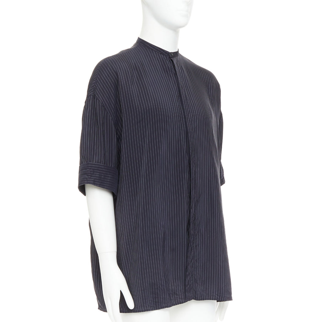 HAIDER ACKERMANN black pinstriped bishop collared half sleeve shirt S