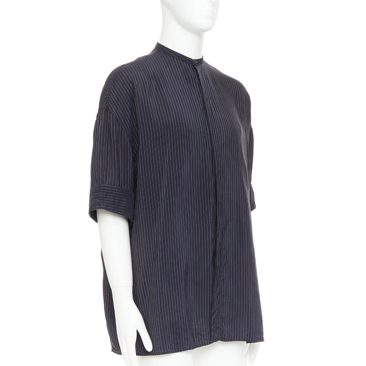 HAIDER ACKERMANN black pinstriped bishop collared half sleeve shirt S